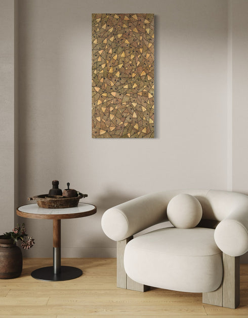 24"x48" painting with a warm palette of gold, rose gold, and copper, featuring detailed sardines with a shimmering metallic effect.
