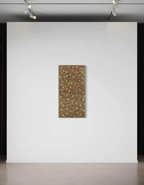 24"x48" painting with a warm palette of gold, rose gold, and copper, featuring detailed sardines with a shimmering metallic effect.