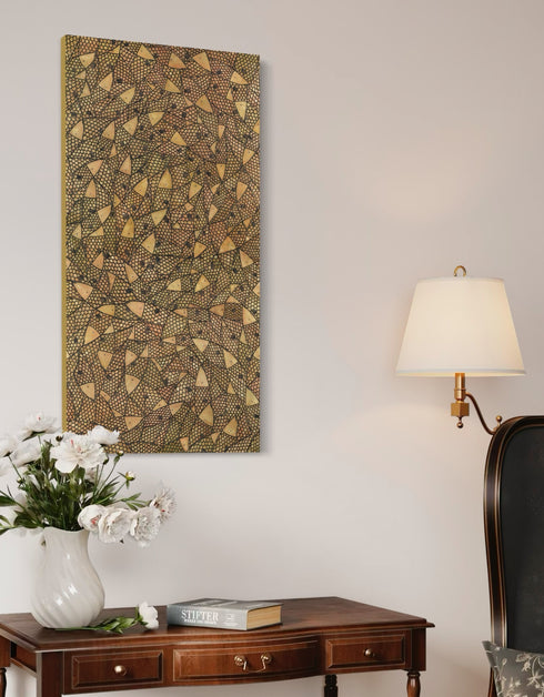 24"x48" painting with a warm palette of gold, rose gold, and copper, featuring detailed sardines with a shimmering metallic effect.