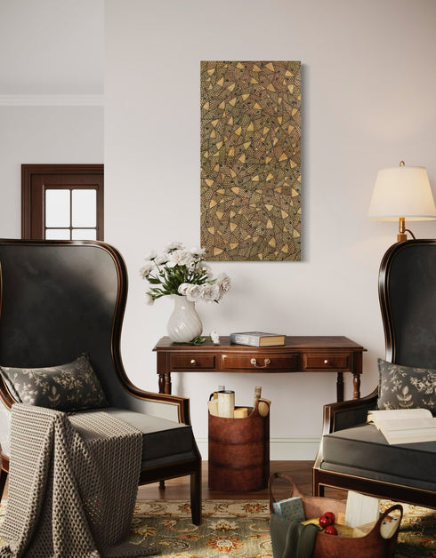 24"x48" painting with a warm palette of gold, rose gold, and copper, featuring detailed sardines with a shimmering metallic effect.