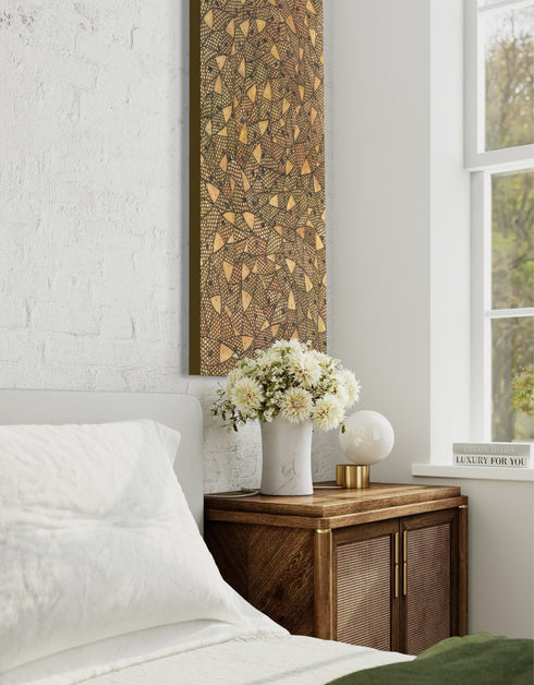 24"x48" painting with a warm palette of gold, rose gold, and copper, featuring detailed sardines with a shimmering metallic effect.