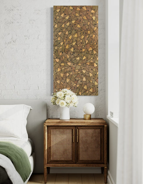 24"x48" painting with a warm palette of gold, rose gold, and copper, featuring detailed sardines with a shimmering metallic effect.