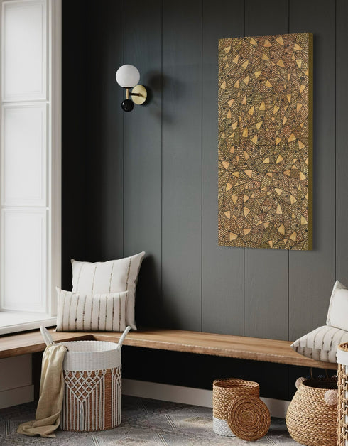 24"x48" painting with a warm palette of gold, rose gold, and copper, featuring detailed sardines with a shimmering metallic effect.