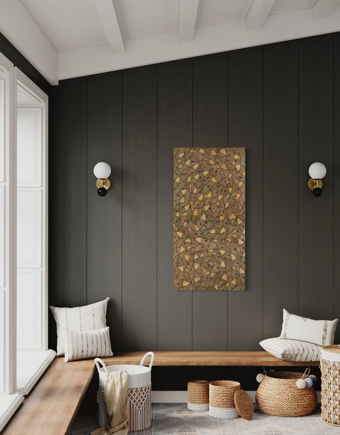 24"x48" painting with a warm palette of gold, rose gold, and copper, featuring detailed sardines with a shimmering metallic effect.