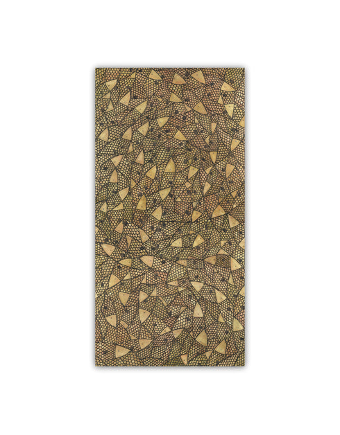 24"x48" painting with a warm palette of gold, rose gold, and copper, featuring detailed sardines with a shimmering metallic effect.