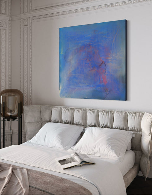 Regal painting with royal blues and golds, featuring an abstract gilded silhouette and opalescent glazes evoking Old World majesty.