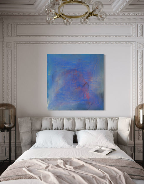 Regal painting with royal blues and golds, featuring an abstract gilded silhouette and opalescent glazes evoking Old World majesty.