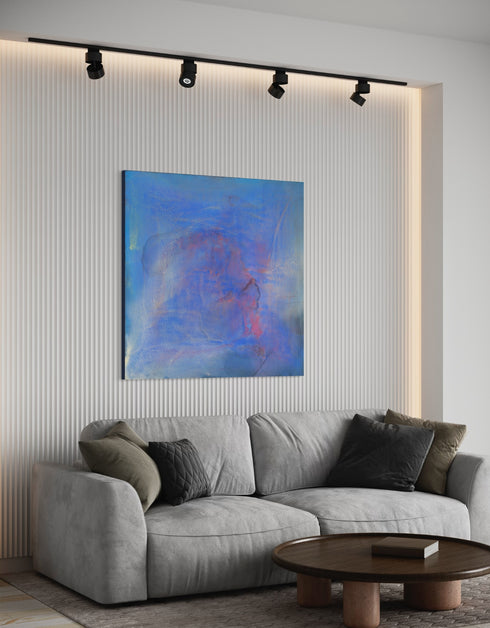 Regal painting with royal blues and golds, featuring an abstract gilded silhouette and opalescent glazes evoking Old World majesty.