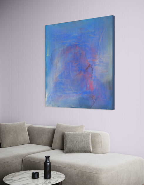 Regal painting with royal blues and golds, featuring an abstract gilded silhouette and opalescent glazes evoking Old World majesty.