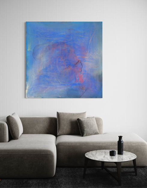 Regal painting with royal blues and golds, featuring an abstract gilded silhouette and opalescent glazes evoking Old World majesty.