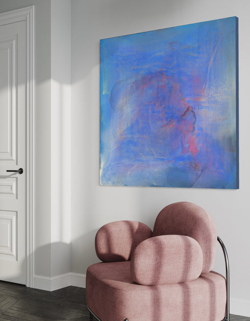 Regal painting with royal blues and golds, featuring an abstract gilded silhouette and opalescent glazes evoking Old World majesty.