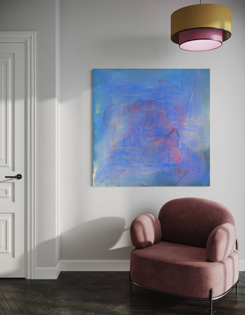 Regal painting with royal blues and golds, featuring an abstract gilded silhouette and opalescent glazes evoking Old World majesty.