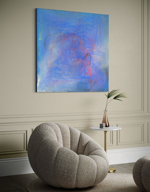 Regal painting with royal blues and golds, featuring an abstract gilded silhouette and opalescent glazes evoking Old World majesty.