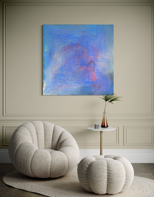 Regal painting with royal blues and golds, featuring an abstract gilded silhouette and opalescent glazes evoking Old World majesty.