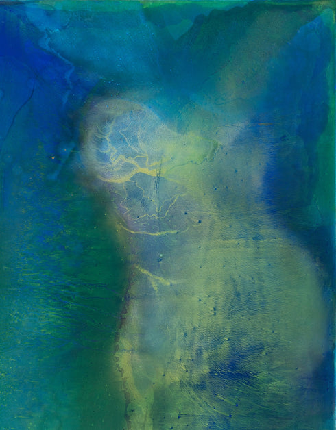 Abstract painting with deep blues and greens, capturing the intensity and mystery of the ocean and cosmos with swirling depths.