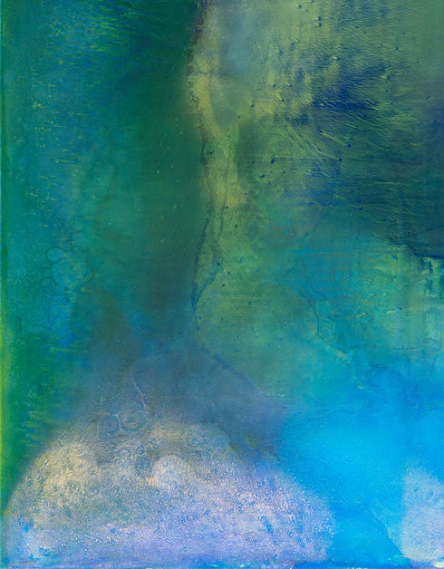 Abstract painting with deep blues and greens, capturing the intensity and mystery of the ocean and cosmos with swirling depths.