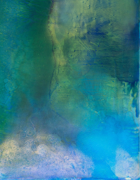 Abstract painting with deep blues and greens, capturing the intensity and mystery of the ocean and cosmos with swirling depths.