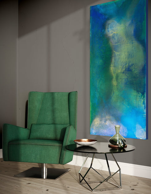 Abstract painting with deep blues and greens, capturing the intensity and mystery of the ocean and cosmos with swirling depths.