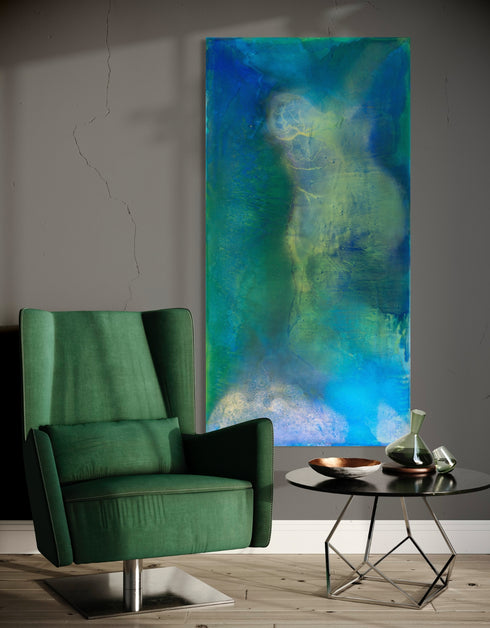 Abstract painting with deep blues and greens, capturing the intensity and mystery of the ocean and cosmos with swirling depths.