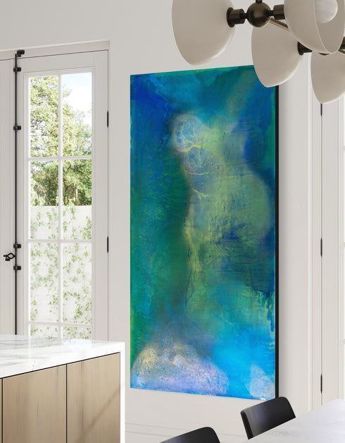 Abstract painting with deep blues and greens, capturing the intensity and mystery of the ocean and cosmos with swirling depths.