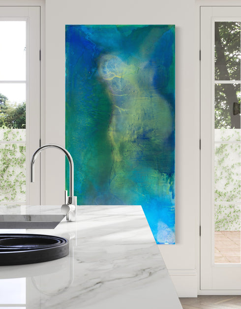 Abstract painting with deep blues and greens, capturing the intensity and mystery of the ocean and cosmos with swirling depths.