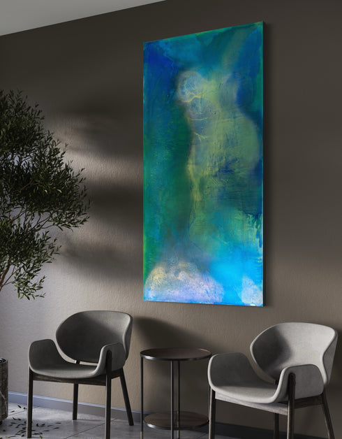 Abstract painting with deep blues and greens, capturing the intensity and mystery of the ocean and cosmos with swirling depths.