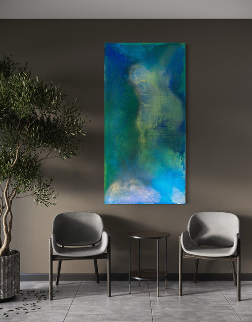 Abstract painting with deep blues and greens, capturing the intensity and mystery of the ocean and cosmos with swirling depths.