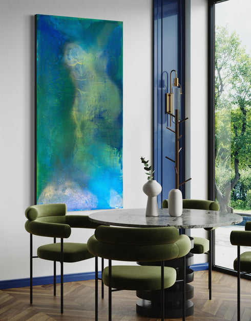 Abstract painting with deep blues and greens, capturing the intensity and mystery of the ocean and cosmos with swirling depths.