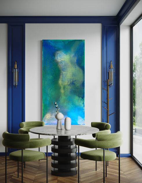 Abstract painting with deep blues and greens, capturing the intensity and mystery of the ocean and cosmos with swirling depths.