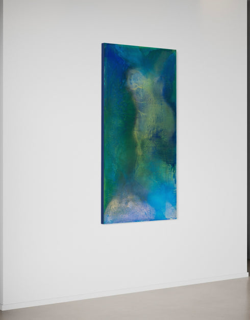 Abstract painting with deep blues and greens, capturing the intensity and mystery of the ocean and cosmos with swirling depths.