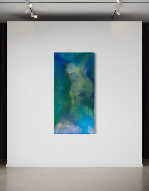 Abstract painting with deep blues and greens, capturing the intensity and mystery of the ocean and cosmos with swirling depths.