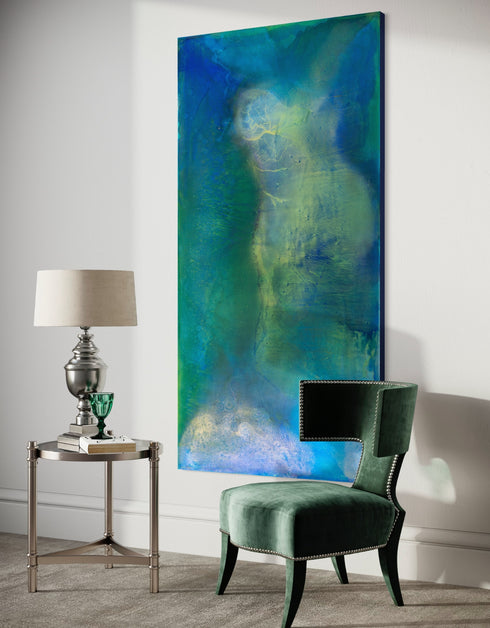 Abstract painting with deep blues and greens, capturing the intensity and mystery of the ocean and cosmos with swirling depths.