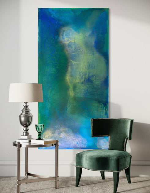 Abstract painting with deep blues and greens, capturing the intensity and mystery of the ocean and cosmos with swirling depths.