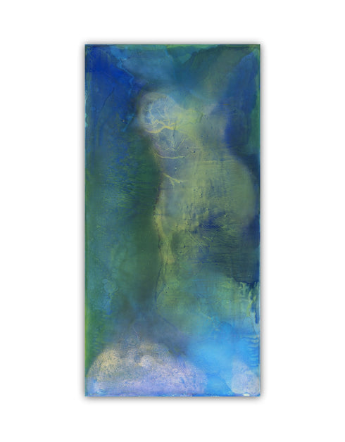 Abstract painting with deep blues and greens, capturing the intensity and mystery of the ocean and cosmos with swirling depths.