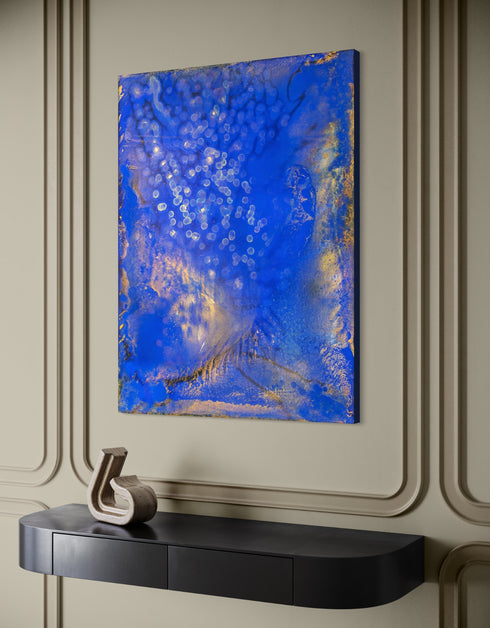 Painting with bright golden tones against deep cobalt, depicting the mesmerizing scene of fireflies illuminating a twilight sky.