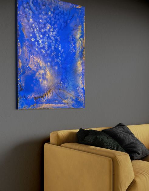 Painting with bright golden tones against deep cobalt, depicting the mesmerizing scene of fireflies illuminating a twilight sky.