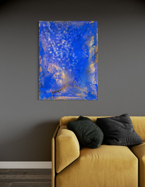 Painting with bright golden tones against deep cobalt, depicting the mesmerizing scene of fireflies illuminating a twilight sky.