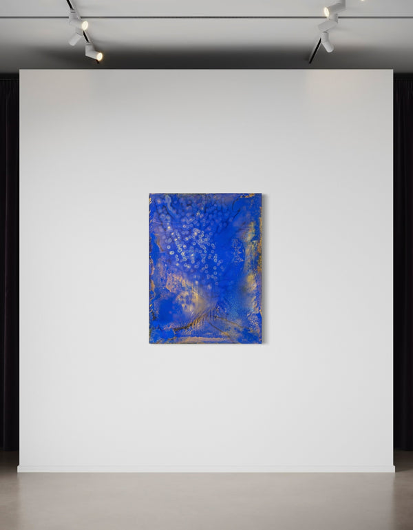 Painting with bright golden tones against deep cobalt, depicting the mesmerizing scene of fireflies illuminating a twilight sky.