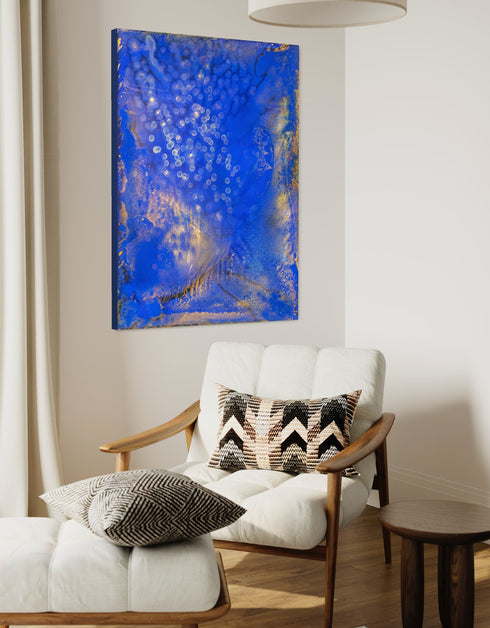 Painting with bright golden tones against deep cobalt, depicting the mesmerizing scene of fireflies illuminating a twilight sky.