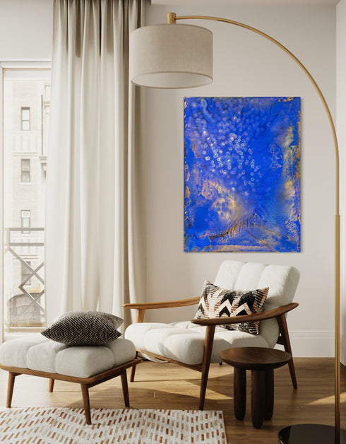 Painting with bright golden tones against deep cobalt, depicting the mesmerizing scene of fireflies illuminating a twilight sky.