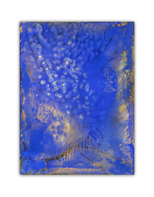 Painting with bright golden tones against deep cobalt, depicting the mesmerizing scene of fireflies illuminating a twilight sky.