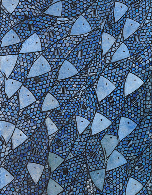 Fish Stick Sardines is a Giclee on Canvas Print by Seth B. Minkin, with rich cobalt blues, seafoam greens, and vibrant golds, capturing detailed sardines.