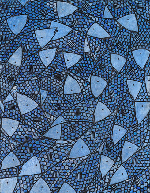 Fish Stick Sardines is a Limited Edition Print by Seth B. Minkin, with rich cobalt blues, seafoam greens, and vibrant golds, capturing detailed sardines.