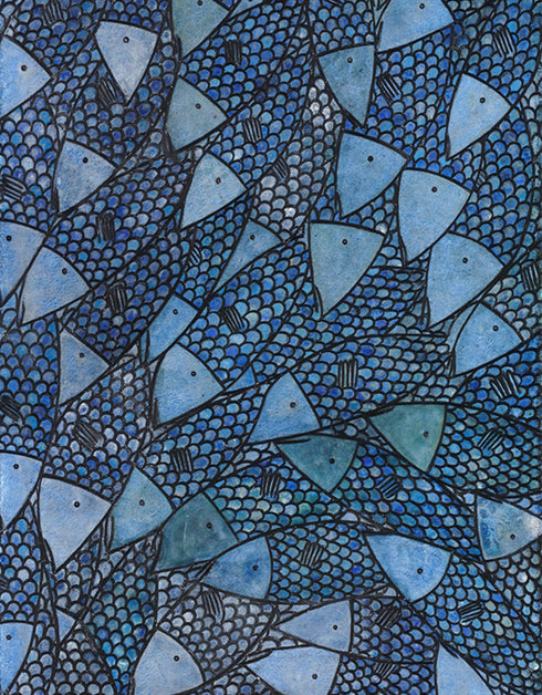 Fish Stick Sardines is a Limited Edition Print by Seth B. Minkin, with rich cobalt blues, seafoam greens, and vibrant golds, capturing detailed sardines.