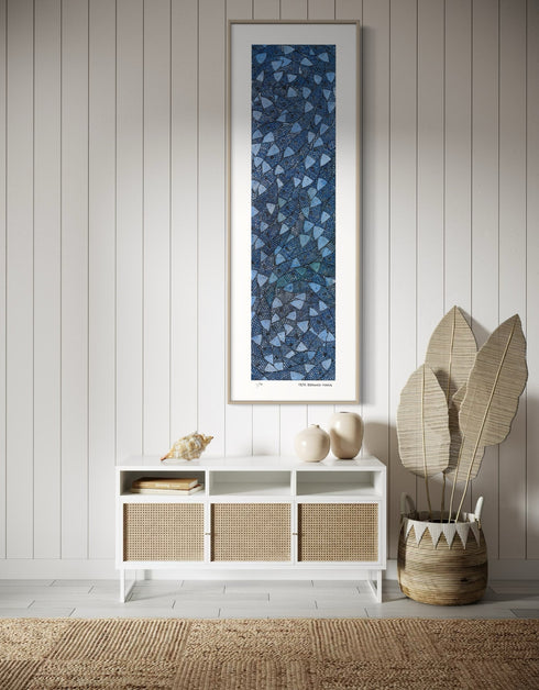 Fish Stick Sardines is a Limited Edition Print by Seth B. Minkin, with rich cobalt blues, seafoam greens, and vibrant golds, capturing detailed sardines.