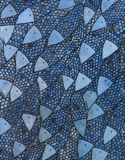 12"x48" painting with cobalt blues, seafoam greens, and golds, featuring detailed sardines over an abstract base with shimmering effect.