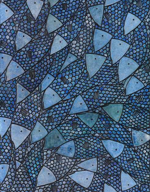 12"x48" painting with cobalt blues, seafoam greens, and golds, featuring detailed sardines over an abstract base with shimmering effect.