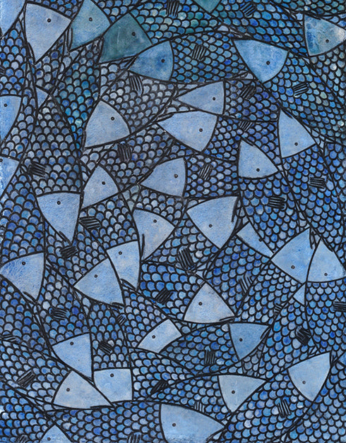 12"x48" painting with cobalt blues, seafoam greens, and golds, featuring detailed sardines over an abstract base with shimmering effect.