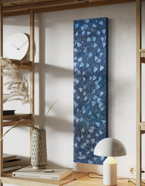 12"x48" painting with cobalt blues, seafoam greens, and golds, featuring detailed sardines over an abstract base with shimmering effect.