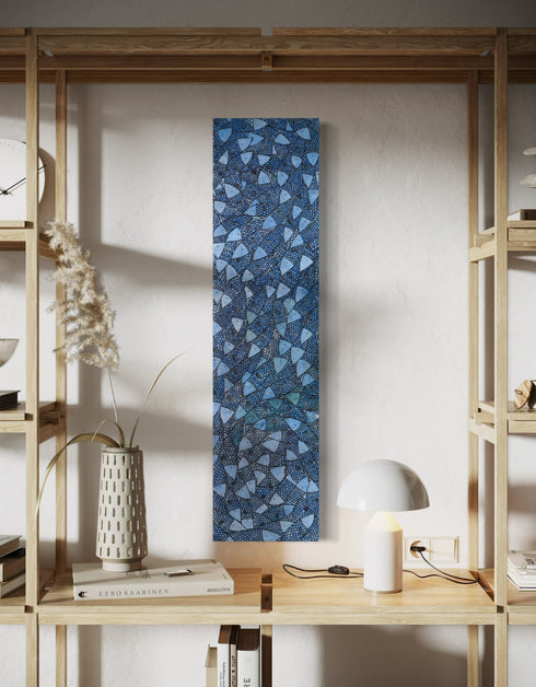 12"x48" painting with cobalt blues, seafoam greens, and golds, featuring detailed sardines over an abstract base with shimmering effect.